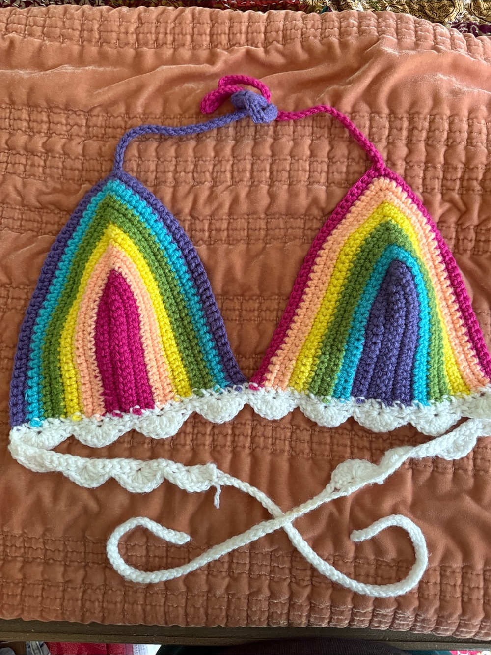 Handmade Rainbow Crochet Triangle Bikini Top - Vibrant Multicolor